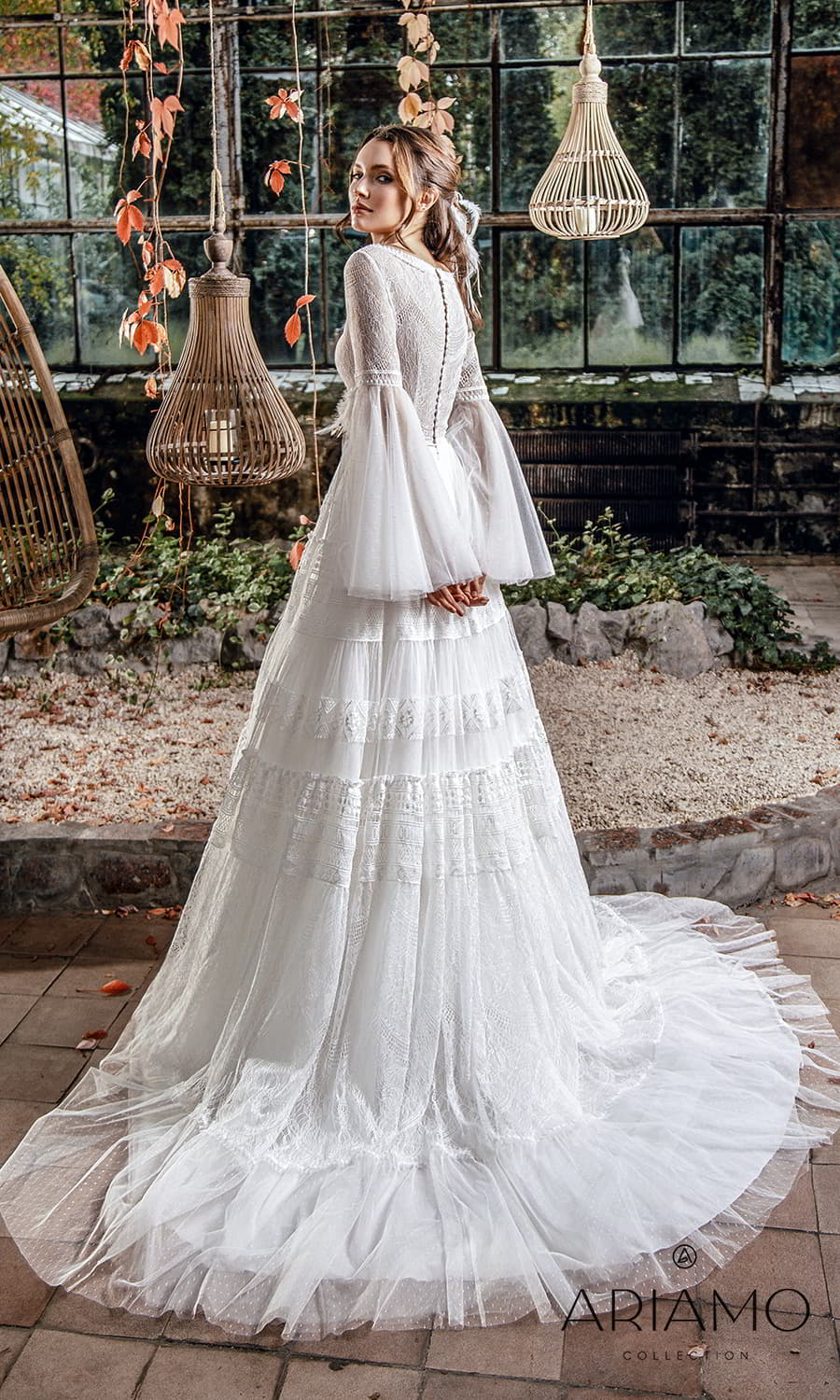ariamo 2022 bridal long flare sleeve plunging v neckline fully embellished lace boho a line ball gown wedding dress chapel train (sydney) bv