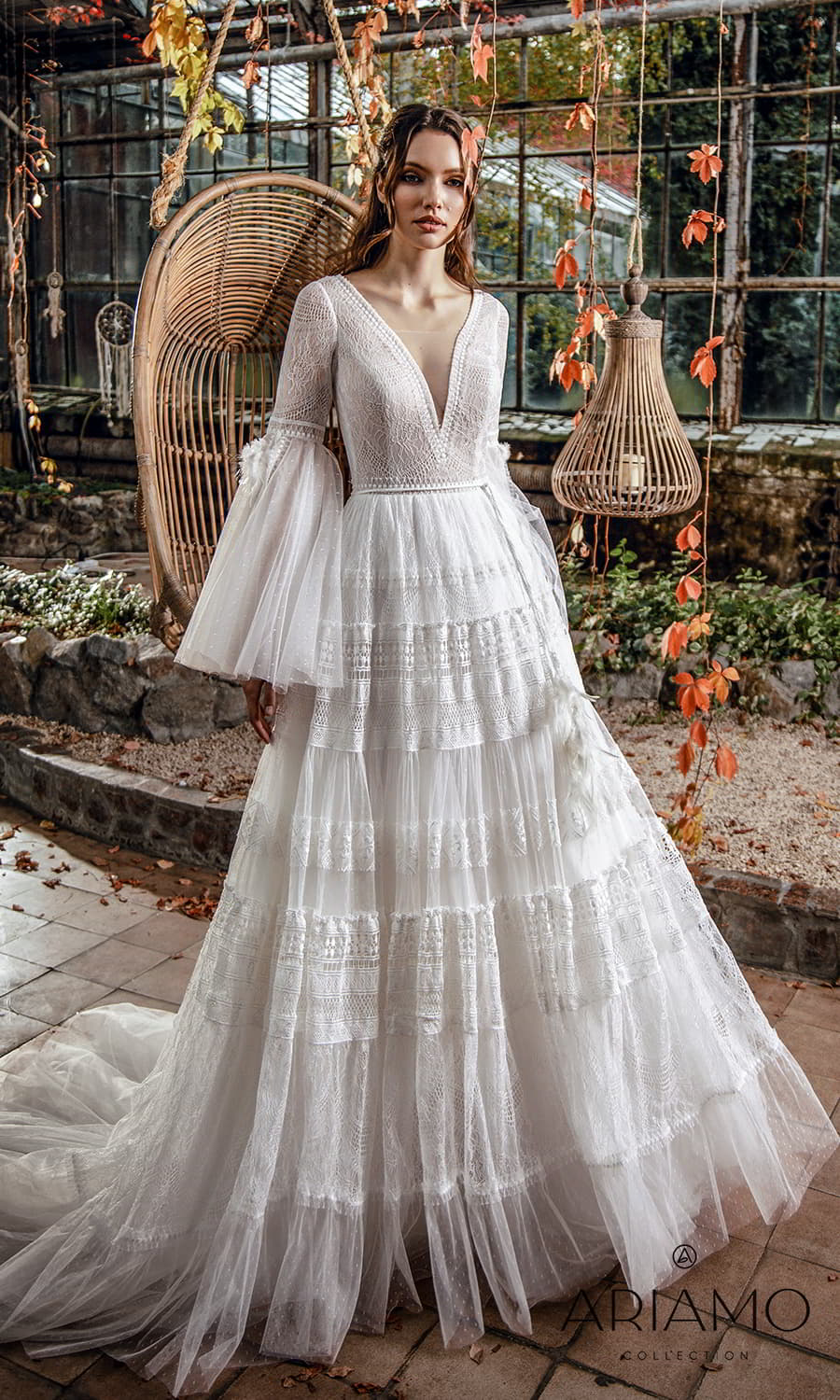 ariamo 2022 bridal long flare sleeve plunging v neckline fully embellished lace boho a line ball gown wedding dress chapel train (sydney) mv