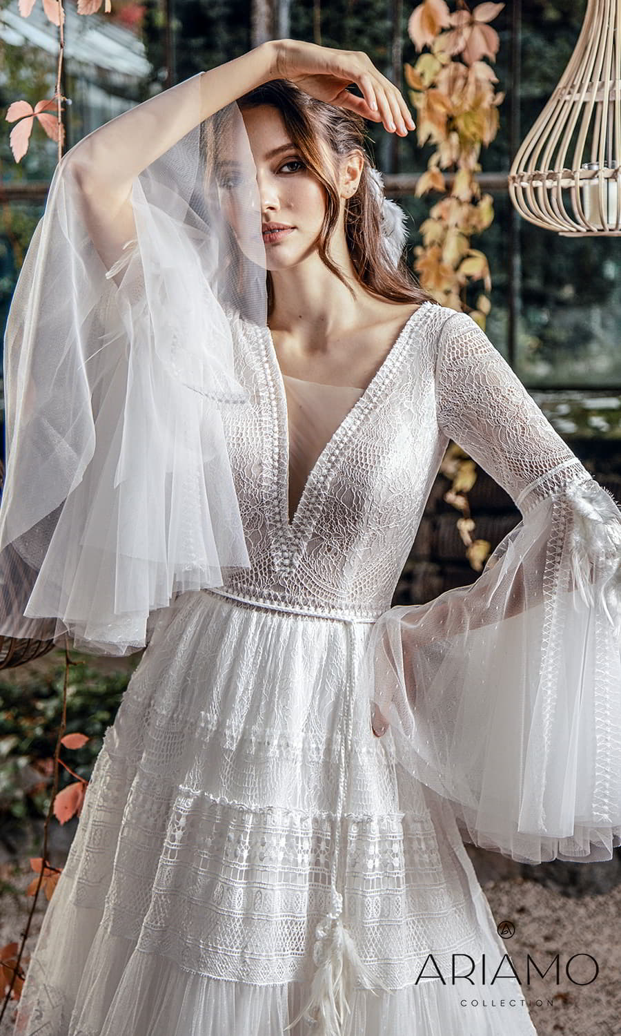 ariamo 2022 bridal long flare sleeve plunging v neckline fully embellished lace boho a line ball gown wedding dress chapel train (sydney) zv