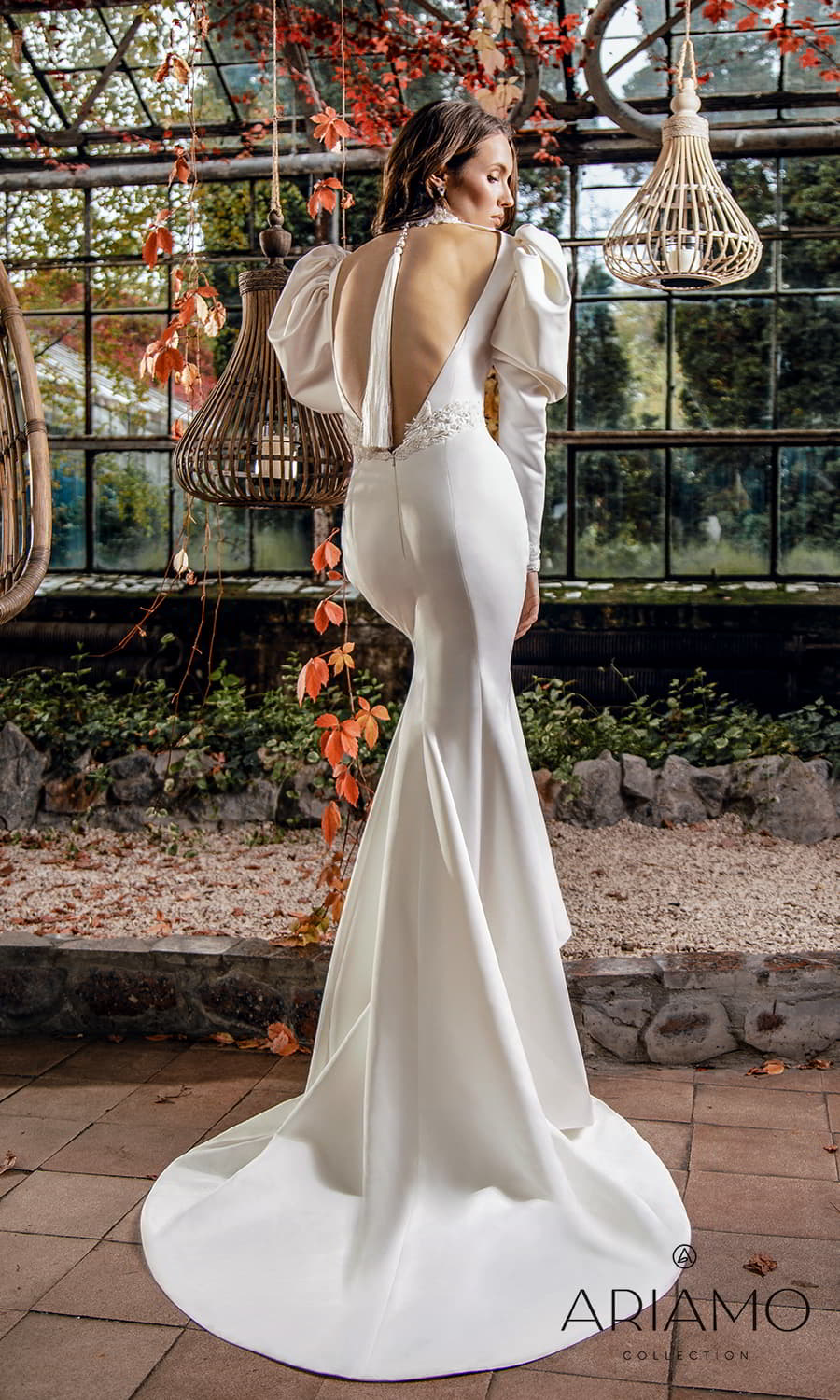 ariamo 2022 bridal long puff sleeve high neckline clean minimalist embellished waist sheath wedding dress low back sweep train (sawyer) bv