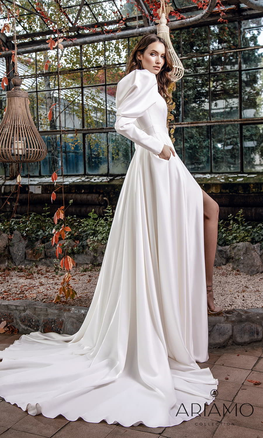 ariamo 2022 bridal long puff sleeve plunging v neckline clean minimalist a line wedding dress chapel train slit skirt (sadie) sv