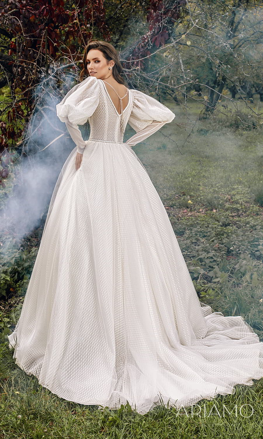 ariamo 2022 bridal long puff sleeve plunging v neckline fully embellished princess a line ball gown wedding dress chapel train (sonia) bv