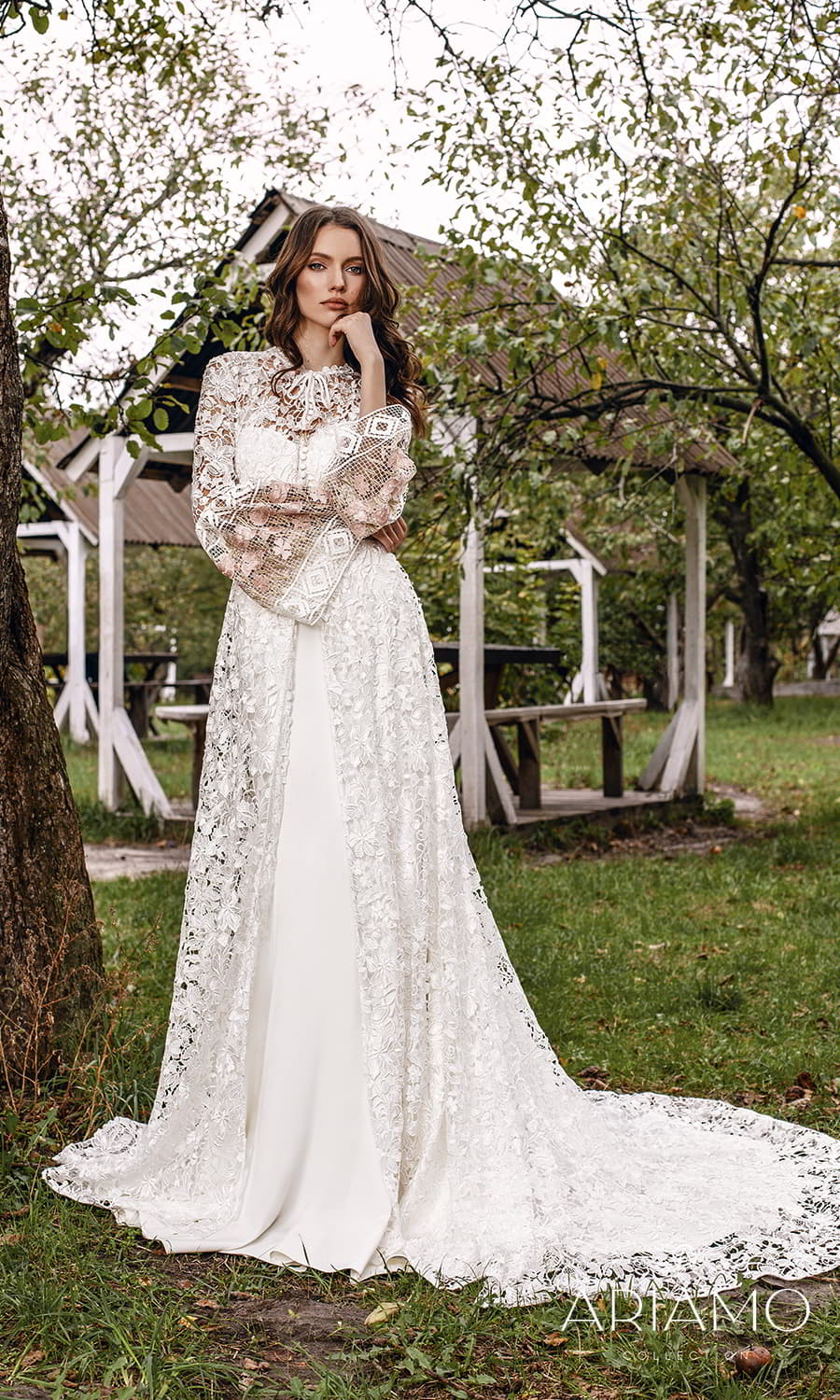 ariamo 2022 bridal long sleeve coat beaded cap sleeve straps sweetheart neckline clean minimalist sheath wedding dress chapel train (shelby with cape) mv