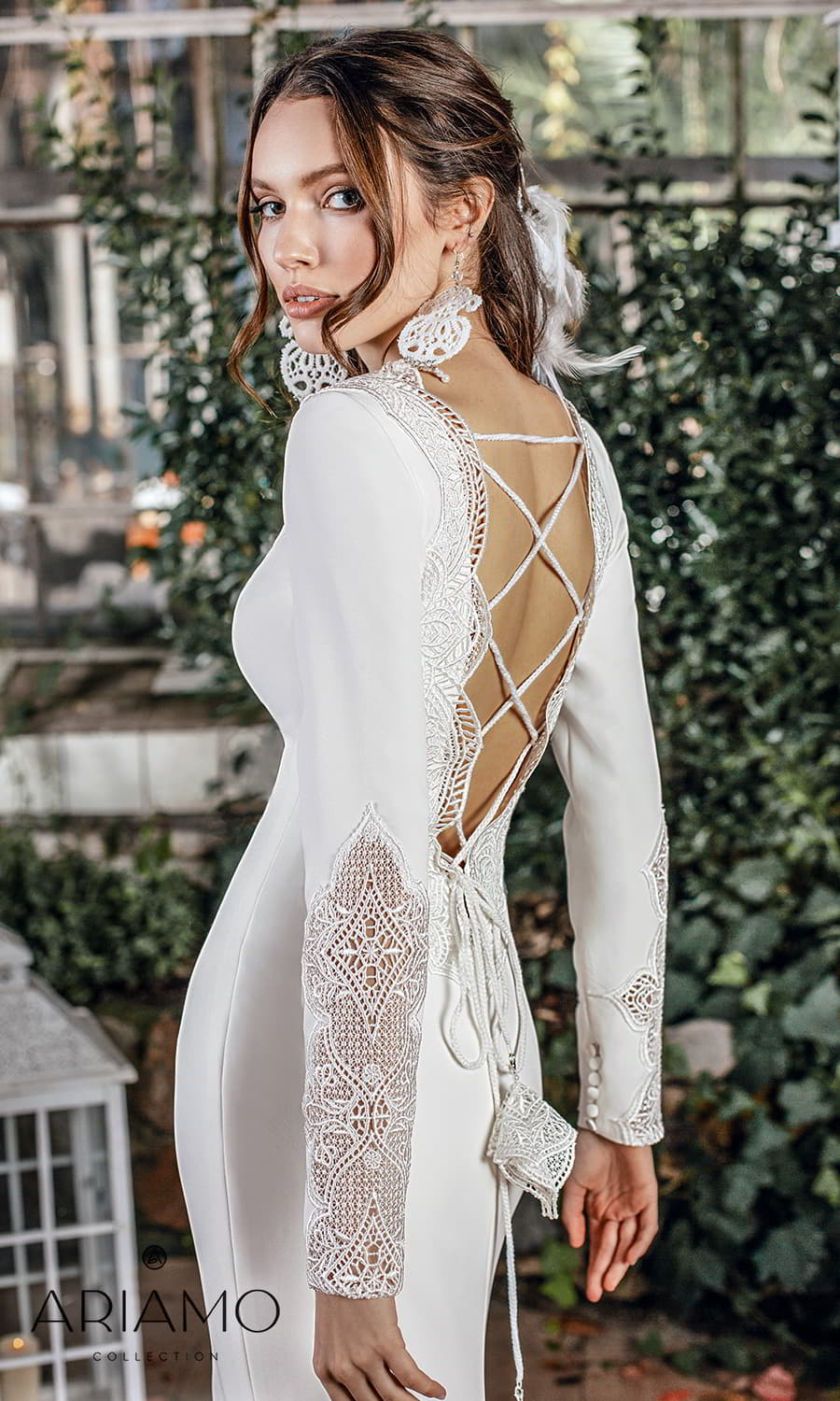 ariamo 2022 bridal long sleeve jewel neckline clean minimally embellished sheath wedding dress open back chapel train (sylvia) zbv