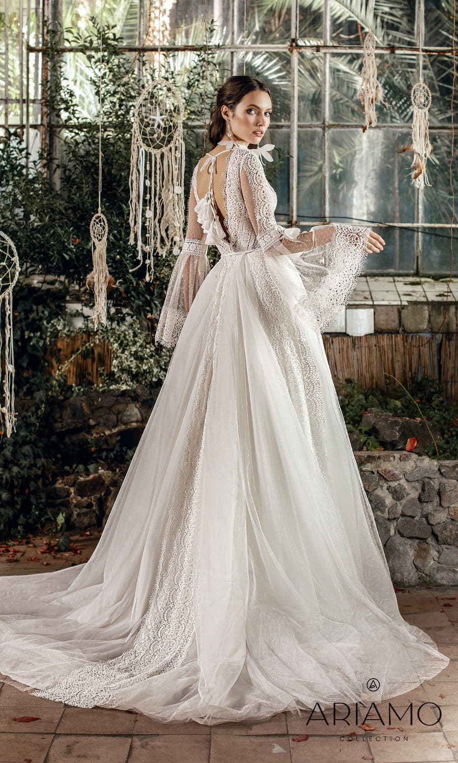 ariamo 2022 bridal sheer flare sleeve v neckline fully embellished lace boho a line wedding dress chapel train (sarina) bv