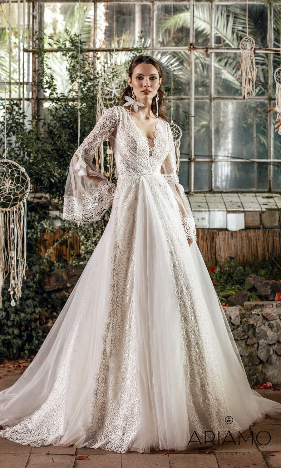 ariamo 2022 bridal sheer flare sleeve v neckline fully embellished lace boho a line wedding dress chapel train (sarina) mv