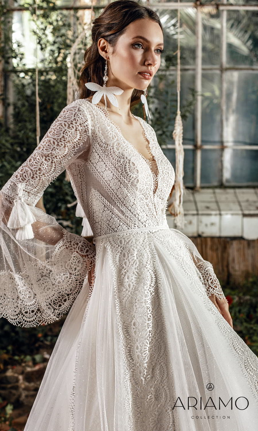 ariamo 2022 bridal sheer flare sleeve v neckline fully embellished lace boho a line wedding dress chapel train (sarina) zv
