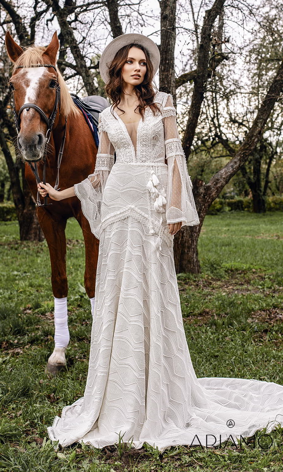 ariamo 2022 bridal sheer long flare sleeve plunging v necklne fully embellished lace boho a line wedding dress chapel train (sia) mv