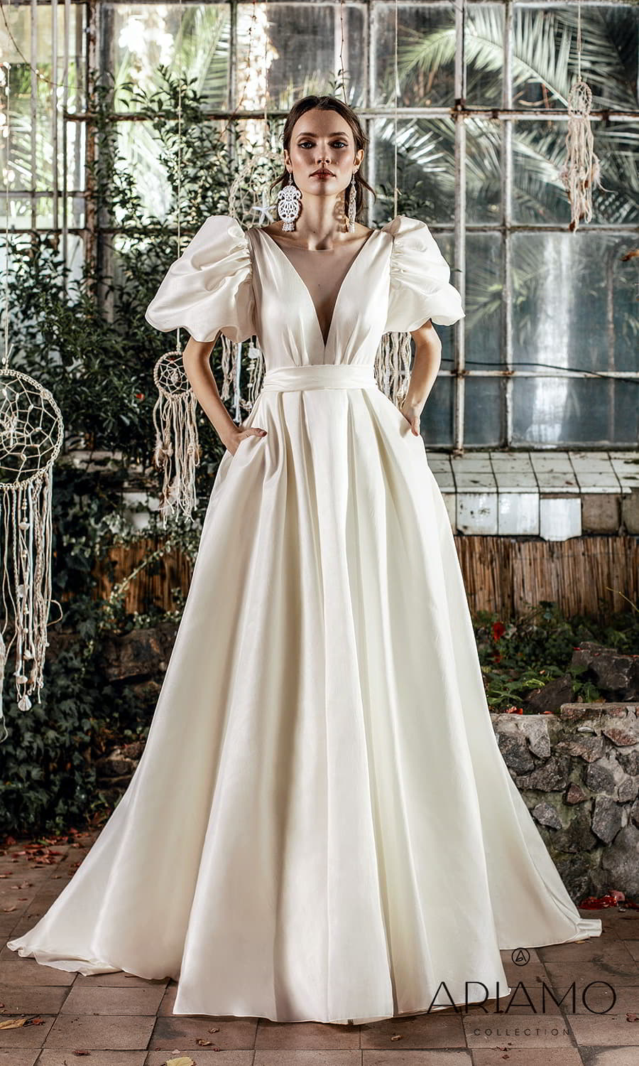 ariamo 2022 bridal short puff sleeve plunging v neckline clean minimalist a line ball gown wedding dress chapel train pocket bow back (samantha) mv