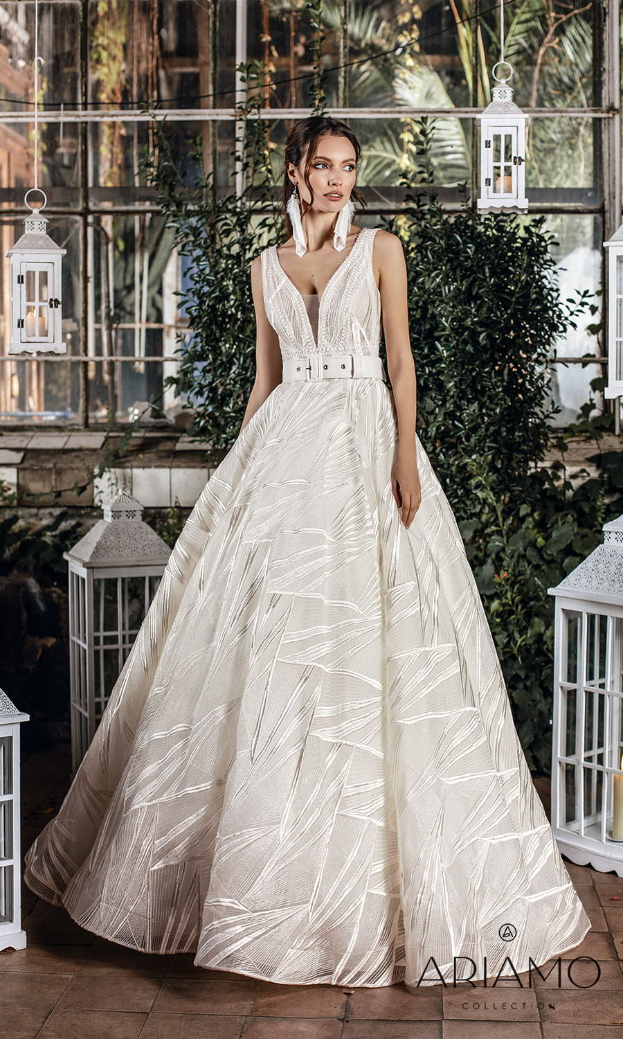 ariamo 2022 bridal sleeveless straps plunging v neckline textured a line ball gown wedding dress chapel train (shayla) mv