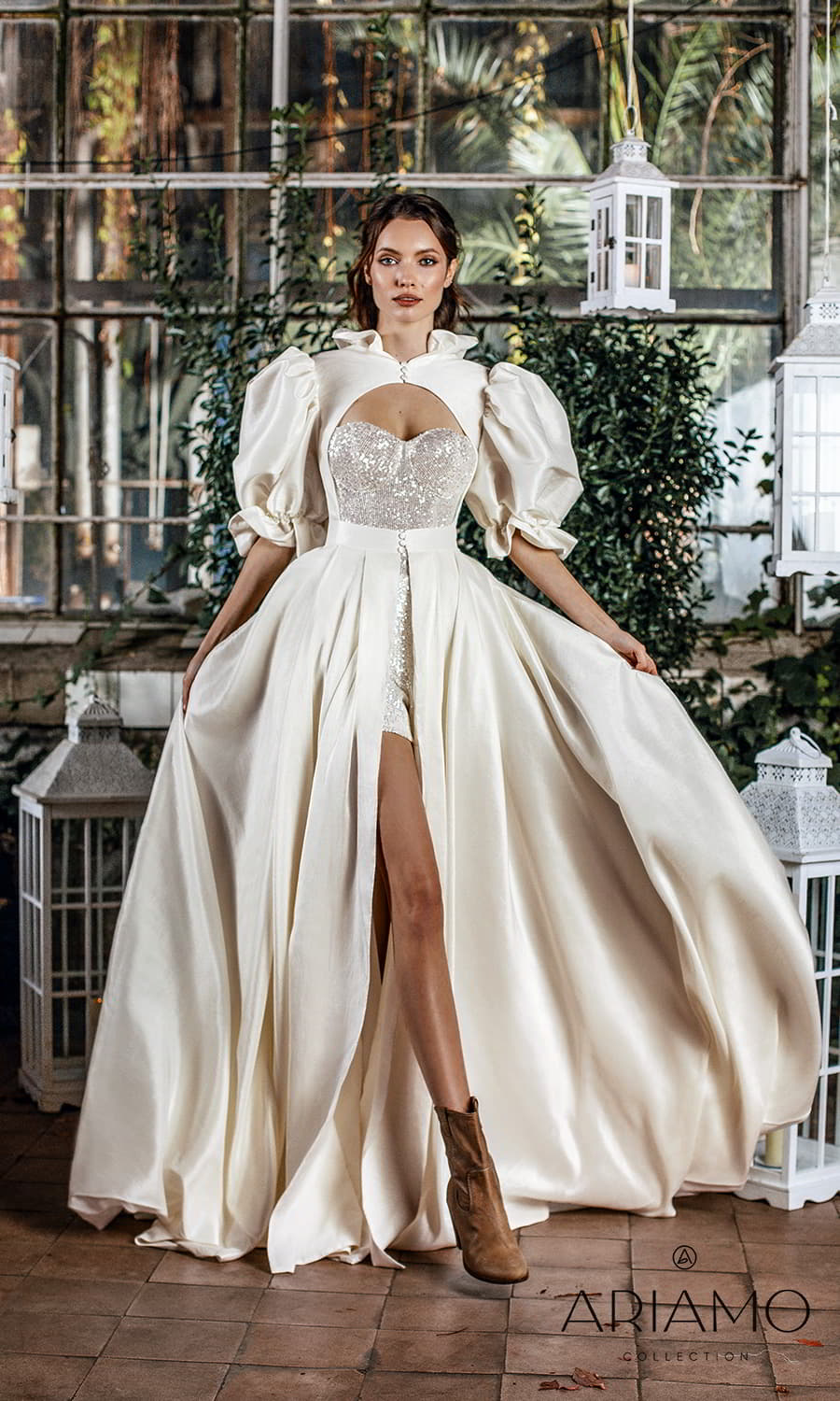ariamo 2022 bridal strapless sweetheart embellished playsuit elbow length puff sleeve over dress 2 piece ball gown wedding dress chapel train (sienna) mv