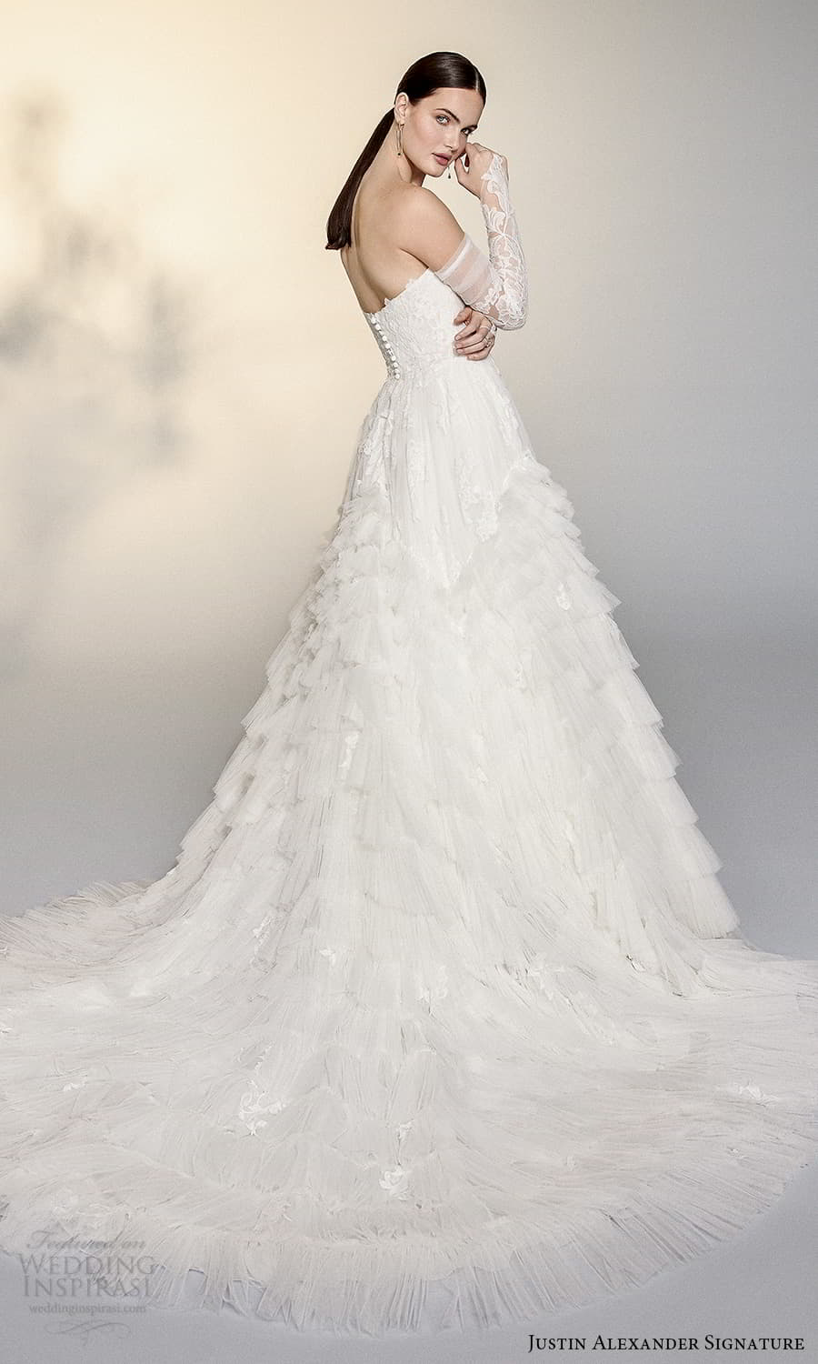 justin alexander signature spring 2022 bridal detached long sleeves strapless sweetheart neckline fully embellished lace a line ball gown wedding dress chapel train (9) bv