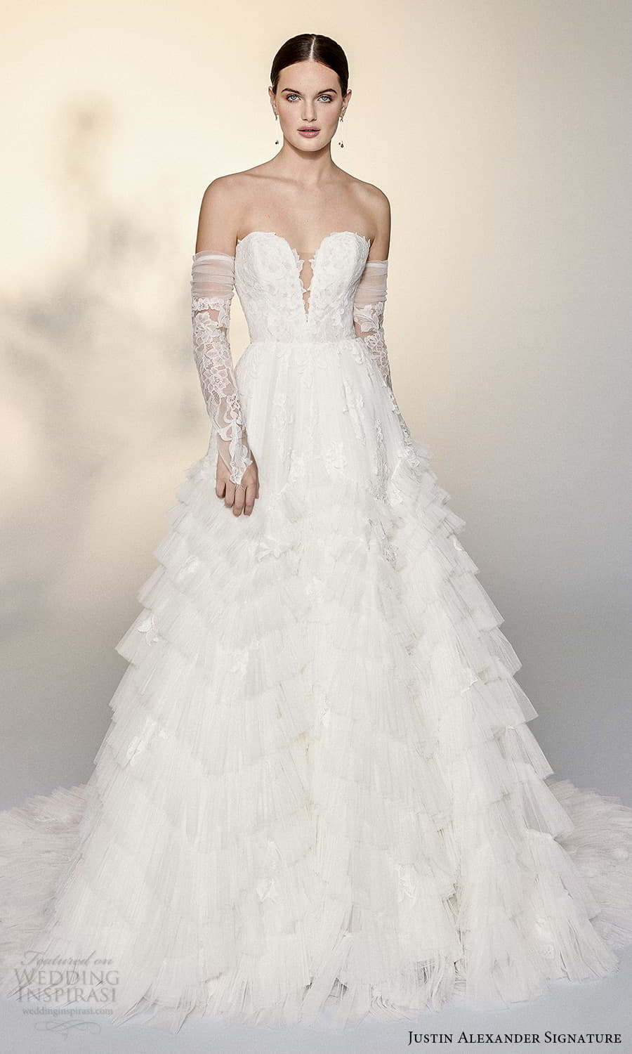 justin alexander signature spring 2022 bridal detached long sleeves strapless sweetheart neckline fully embellished lace a line ball gown wedding dress chapel train (9) mv