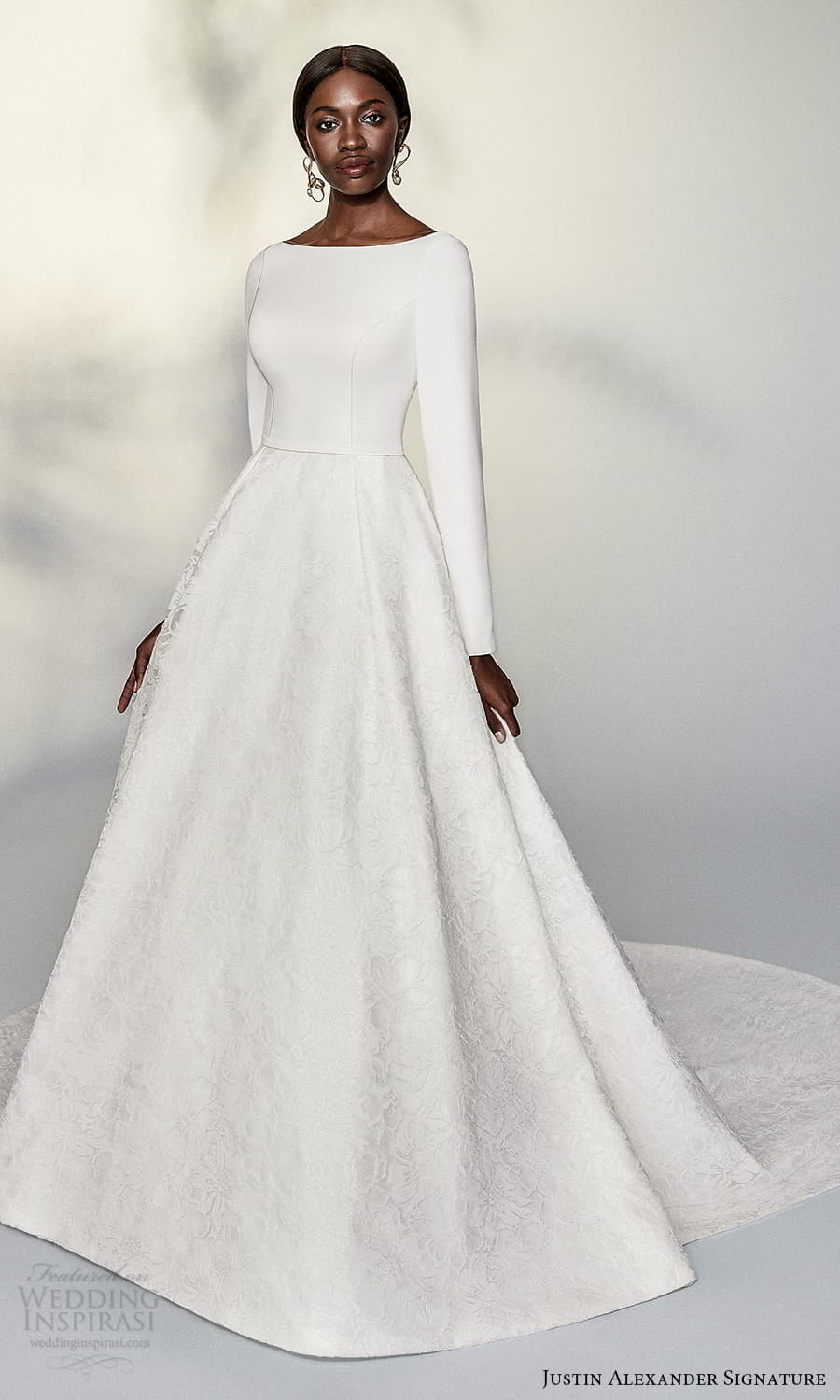 justin alexander signature spring 2022 bridal long sleeve bateau neckline textured a line ball gown wedding dress chapel train (6) mv