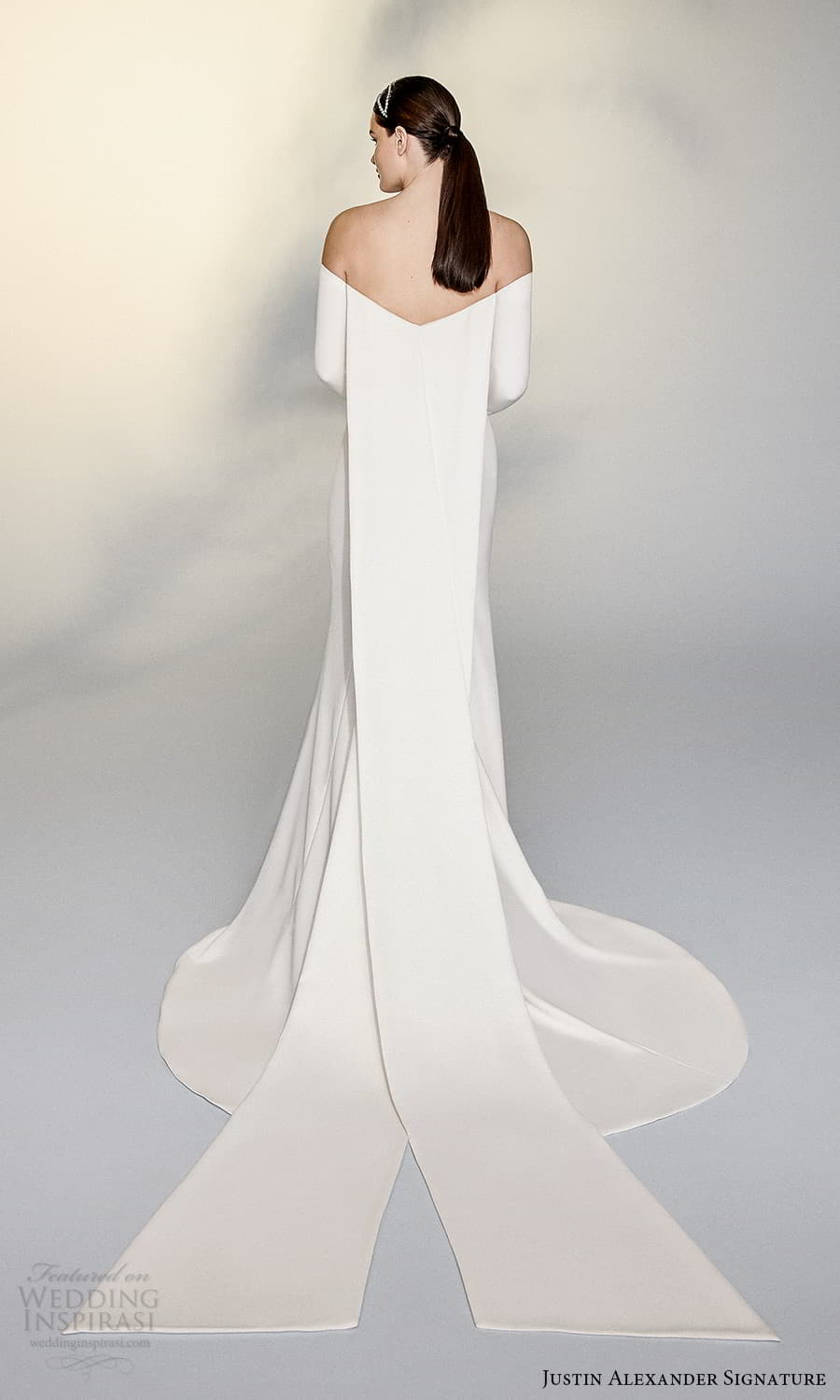 justin alexander signature spring 2022 bridal long sleeve off shoulder straight across neckline clean minimalist sheath wedding dress watteau train (7) bv justin alexander signature spring 2022 bridal long sleeve off shoulder straight across neckline clean minimalist sheath wedding dress watteau train (7) bv
