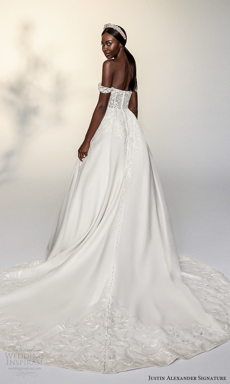 justin alexander signature spring 2022 bridal off shoulder straps sweetheart neckline embellished bodice a line ball gown wedding dress chapel train (2) bv