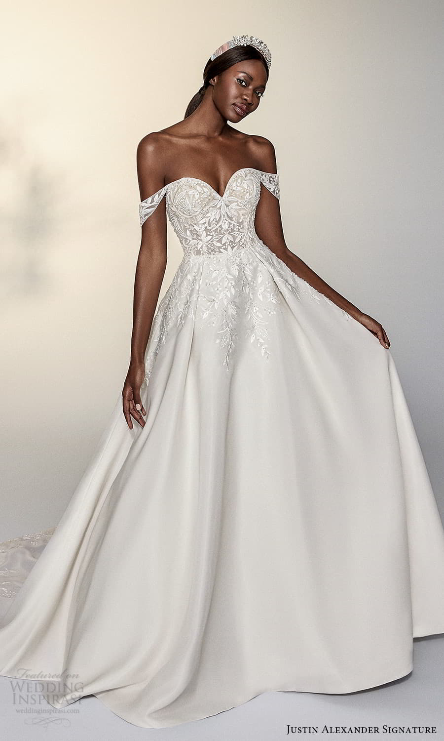 justin alexander signature spring 2022 bridal off shoulder straps sweetheart neckline embellished bodice a line ball gown wedding dress chapel train (2) mv