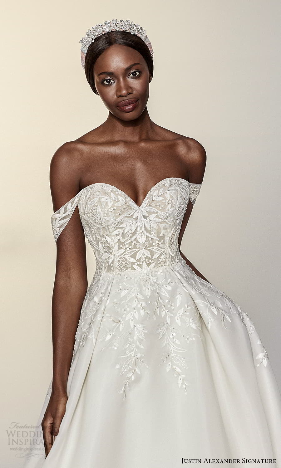 justin alexander signature spring 2022 bridal off shoulder straps sweetheart neckline embellished bodice a line ball gown wedding dress chapel train (2) zv