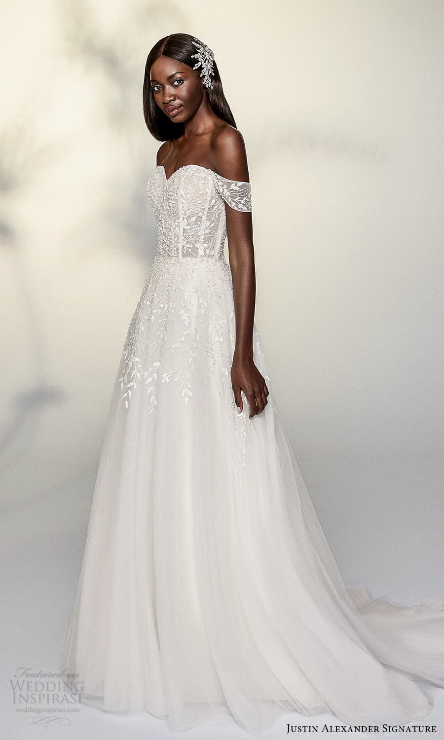 justin alexander signature spring 2022 bridal off shoulder straps sweetheart neckline fully embellished lace a line ball gown wedding dress chapel train (15) mv