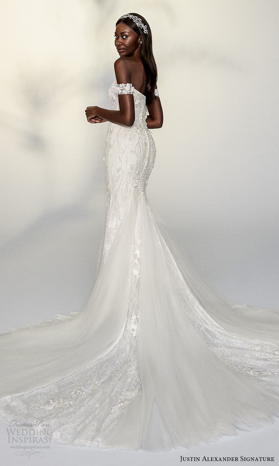 justin alexander signature spring 2022 bridal off shoulder straps sweetheart neckline fully embellished sheath fit flare wedding dress chapel train (4) bv