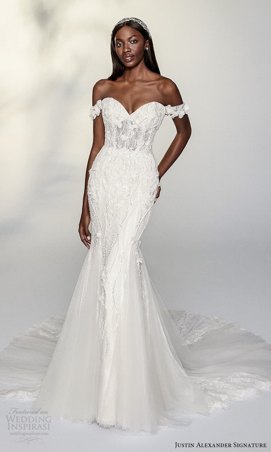 justin alexander signature spring 2022 bridal off shoulder straps sweetheart neckline fully embellished sheath fit flare wedding dress chapel train (4) mv