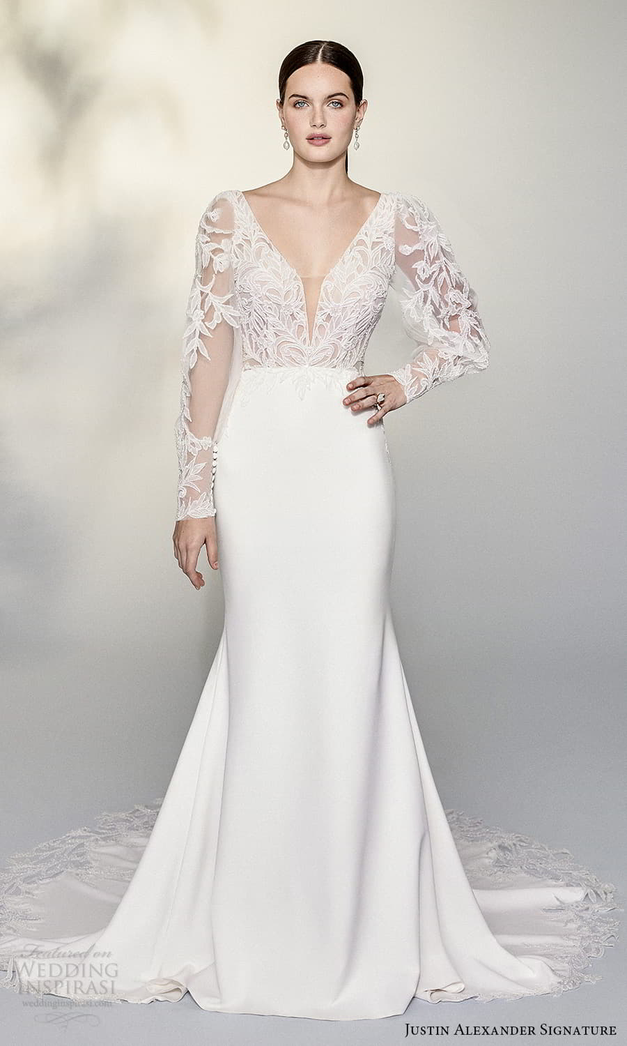 justin alexander signature spring 2022 bridal sheer billowy sleeve plunging v neckline embellished lace bodice clean skirt sheath wedding dress chapel train (13) mv justin alexander signature spring 2022 bridal sheer billowy sleeve plunging v neckline embellished lace bodice clean skirt sheath wedding dress chapel train (13) mv
