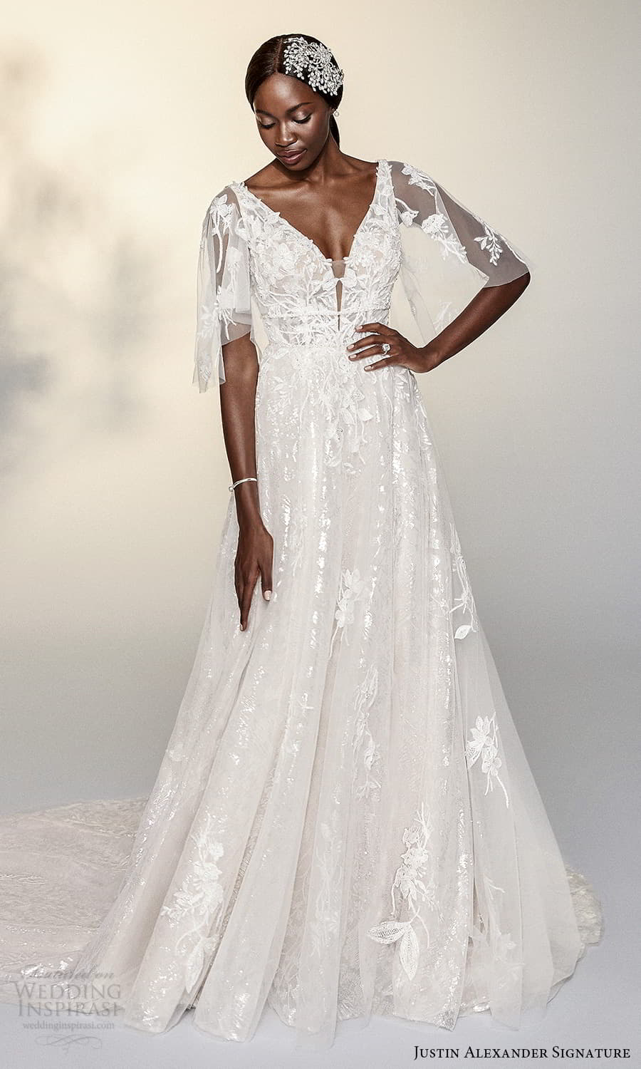 justin alexander signature spring 2022 bridal sheer flutter sleeves sleeveless straps v neckline fully embellished a line ball gown wedding dress chapel train (8) mv