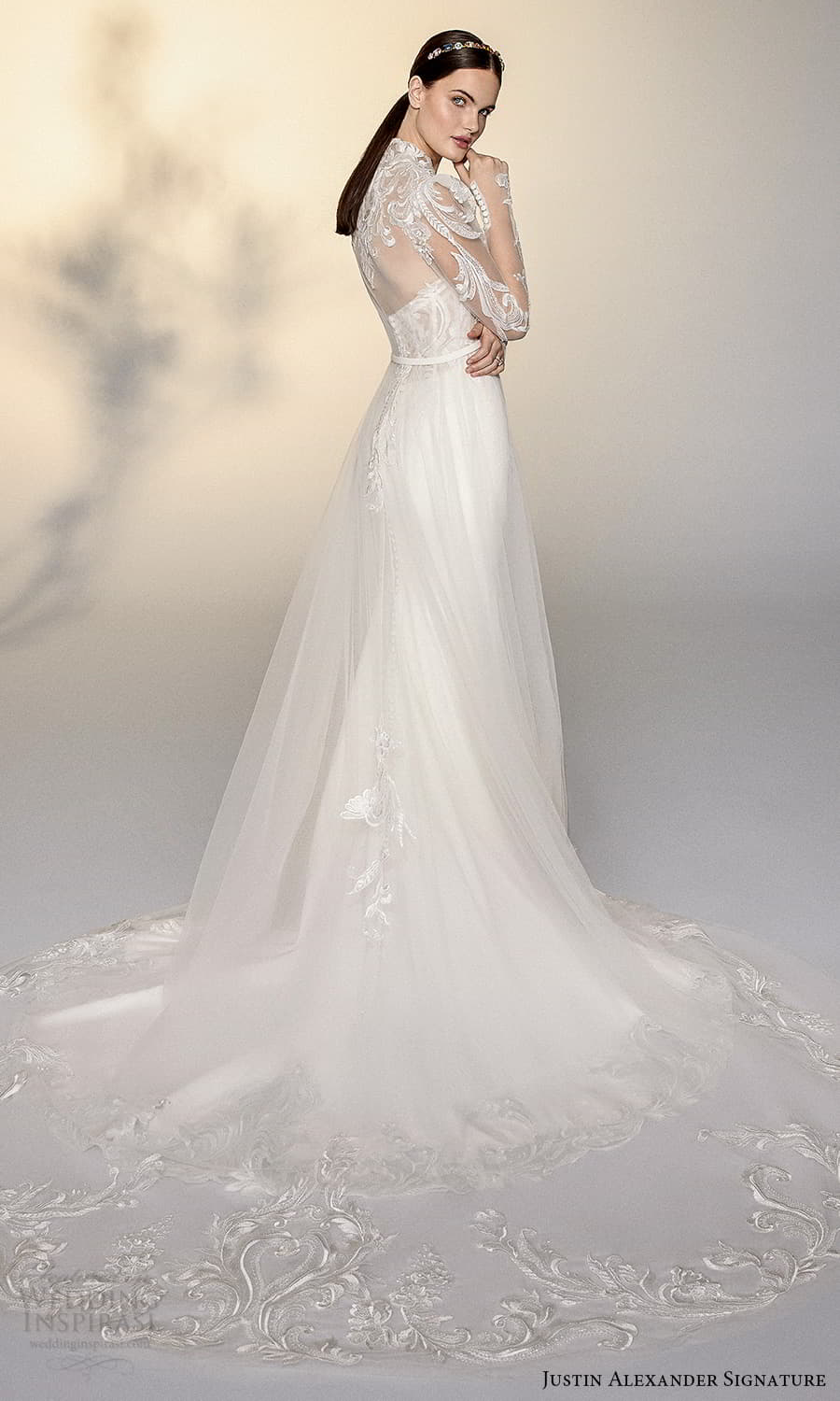 justin alexander signature spring 2022 bridal sheer puff sleeve high neckline embellished lace a line wedding dress chapel train (1) bv justin alexander signature spring 2022 bridal sheer puff sleeve high neckline embellished lace a line wedding dress chapel train (1) bv