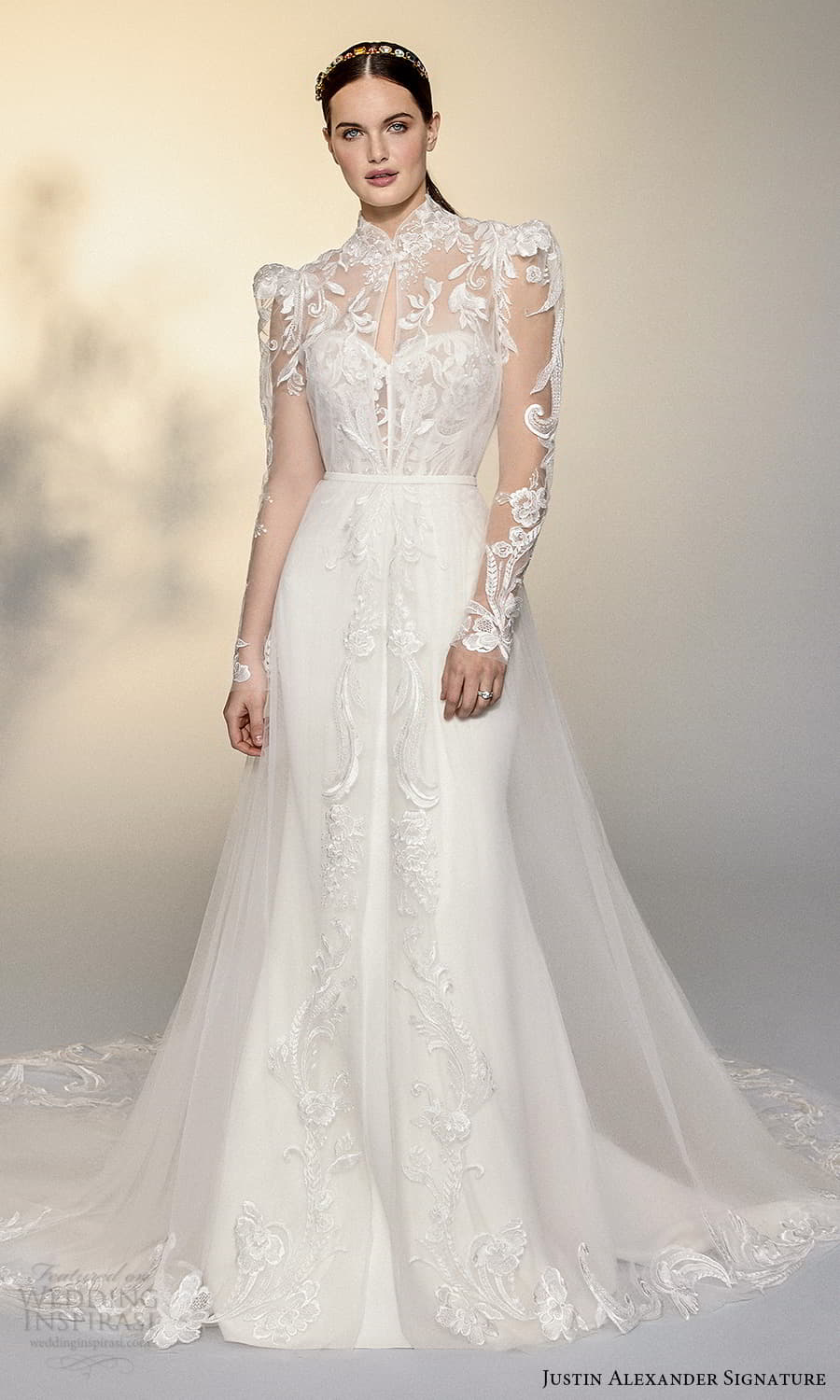 justin alexander signature spring 2022 bridal sheer puff sleeve high neckline embellished lace a line wedding dress chapel train (1) mv