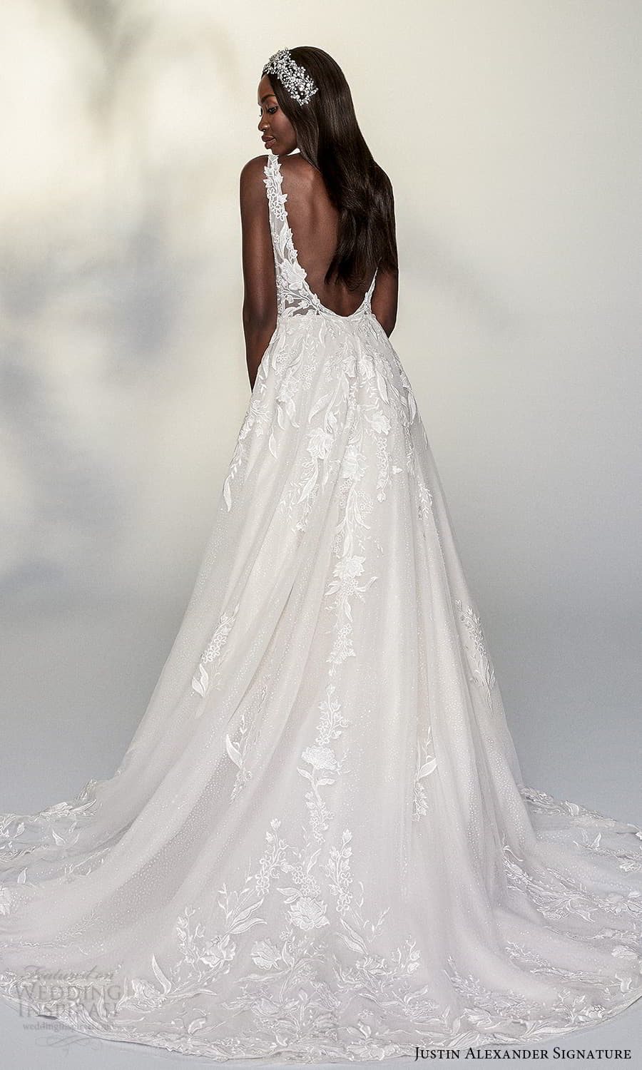 justin alexander signature spring 2022 bridal sleeveless straps plunging v sweetheart neckline fully embellished lace a line ball gown wedding dress chapel train (10) bv