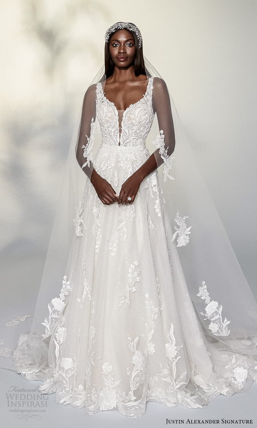 justin alexander signature spring 2022 bridal sleeveless straps plunging v sweetheart neckline fully embellished lace a line ball gown wedding dress chapel train (10) mv