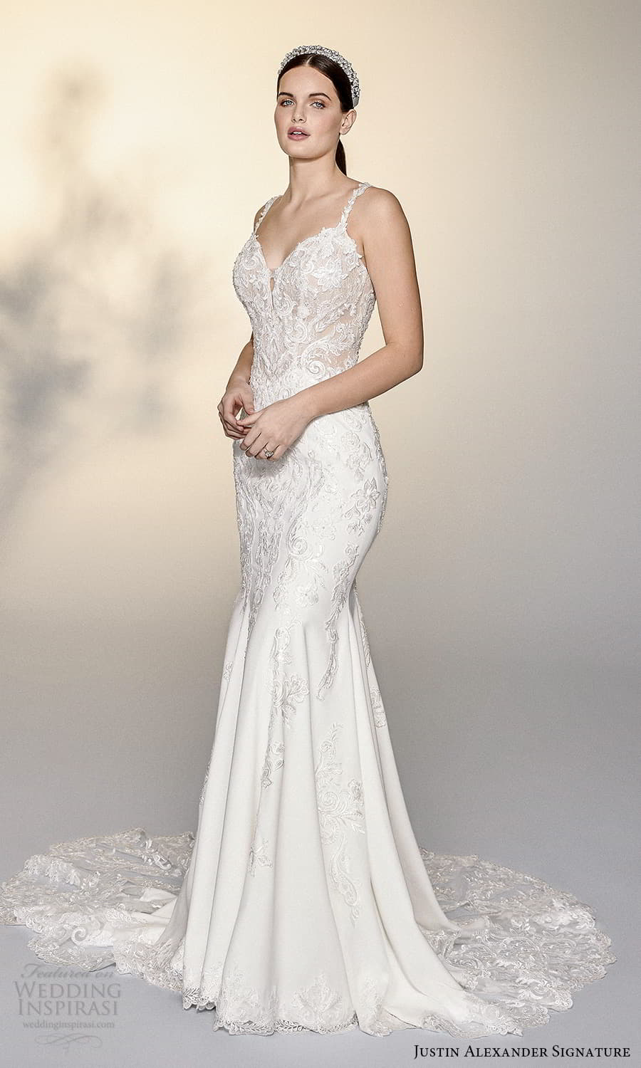 justin alexander signature spring 2022 bridal sleeveless straps sweetheart neckline fully embellished sheath wedding dress chapel train (16) mv