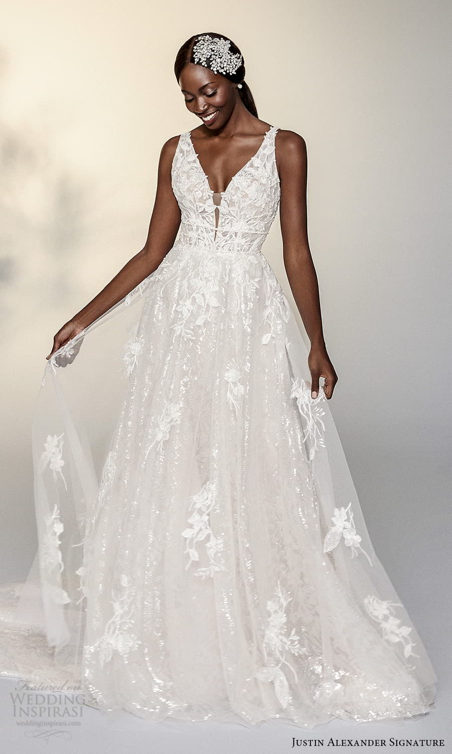 justin alexander signature spring 2022 bridal sleeveless straps v neckline fully embellished a line ball gown wedding dress chapel train (8) mv