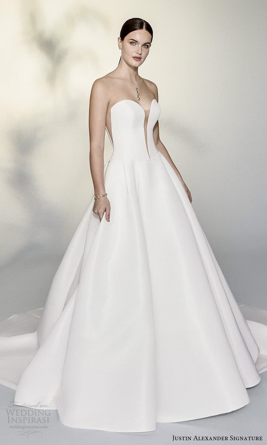 justin alexander signature spring 2022 bridal strapless plunging split sweetheart neckline clean minimalist a line ball gown wedding dress chapel train (5) mv