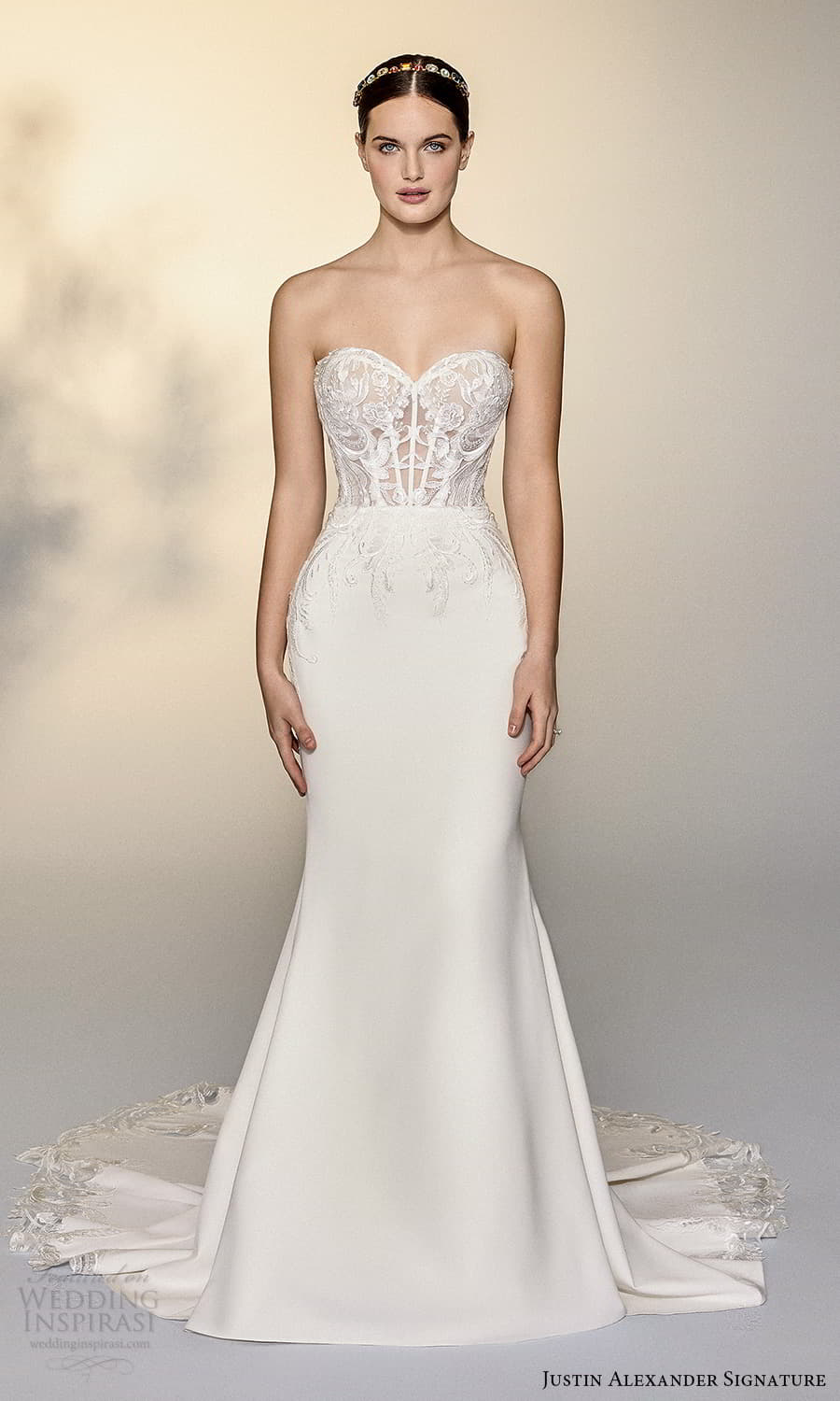 justin alexander signature spring 2022 bridal strapless sweetheart neckline embellished lace a line wedding dress chapel train (1) mv