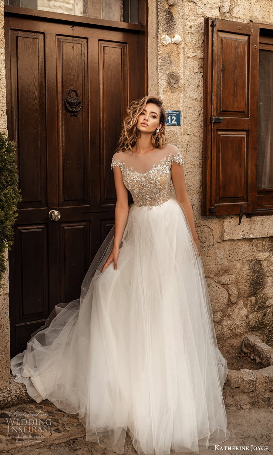 katherine joyce 2022 bridal cap sleeve illusion off shoulder neckline embellished bodice clean skirt a line ball gown wedding dress chapel train (13) mv