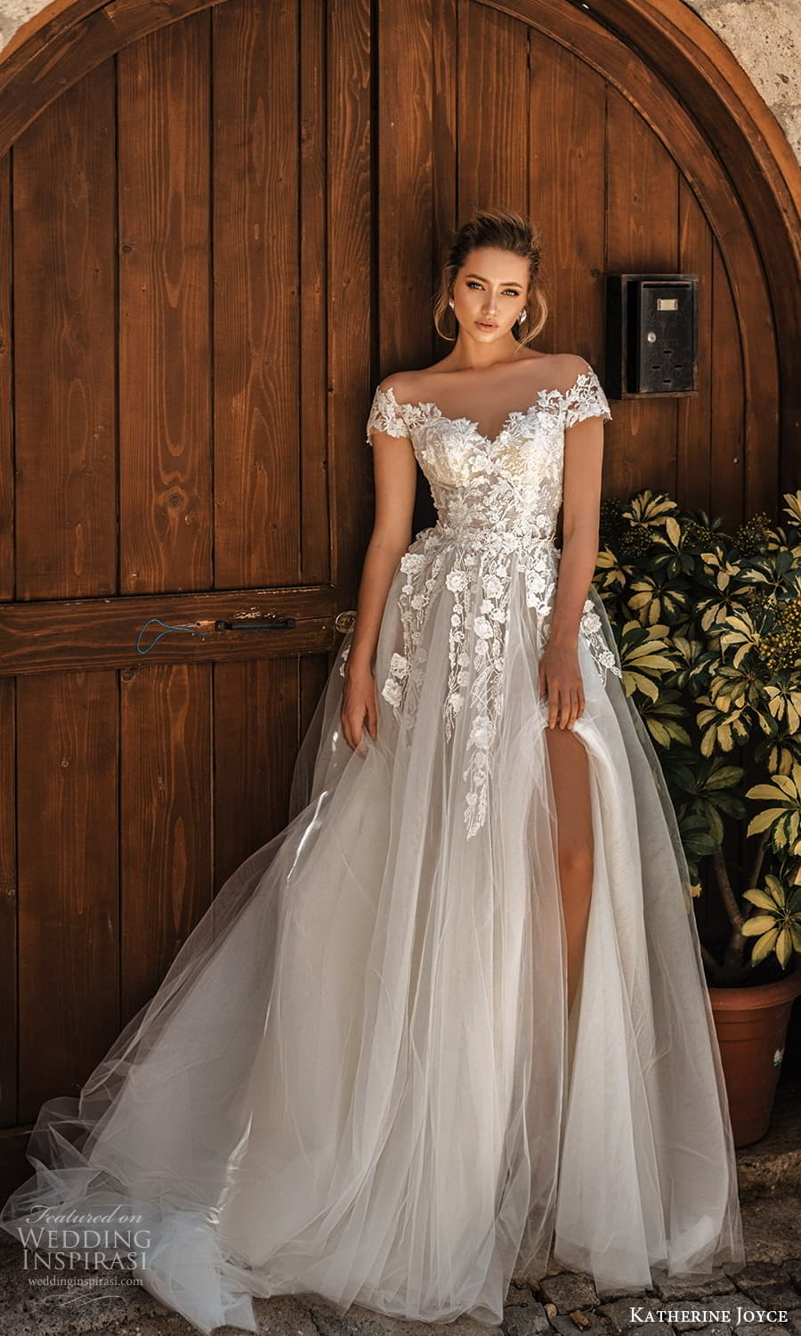 katherine joyce 2022 bridal cap sleeve off shoulder sweetheart neckline embellished lace a line ball gown wedding dress chapel train (9) mv