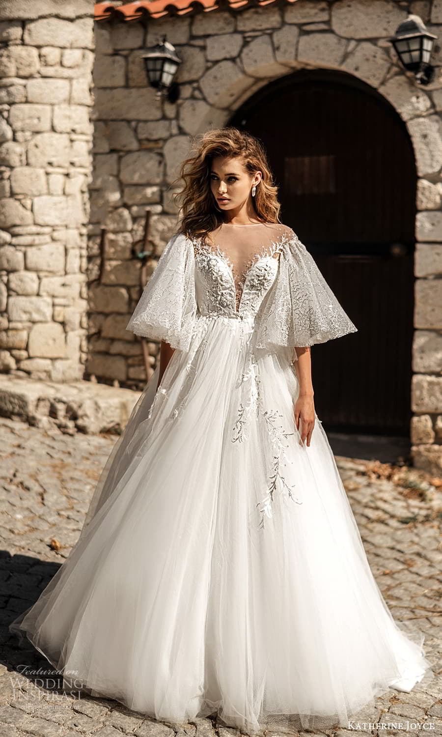 katherine joyce 2022 bridal flutter flare sleeve sheer bateau neck plunging v neckline fully embellished lace bodice a line wedding dress chapel train (14) mv