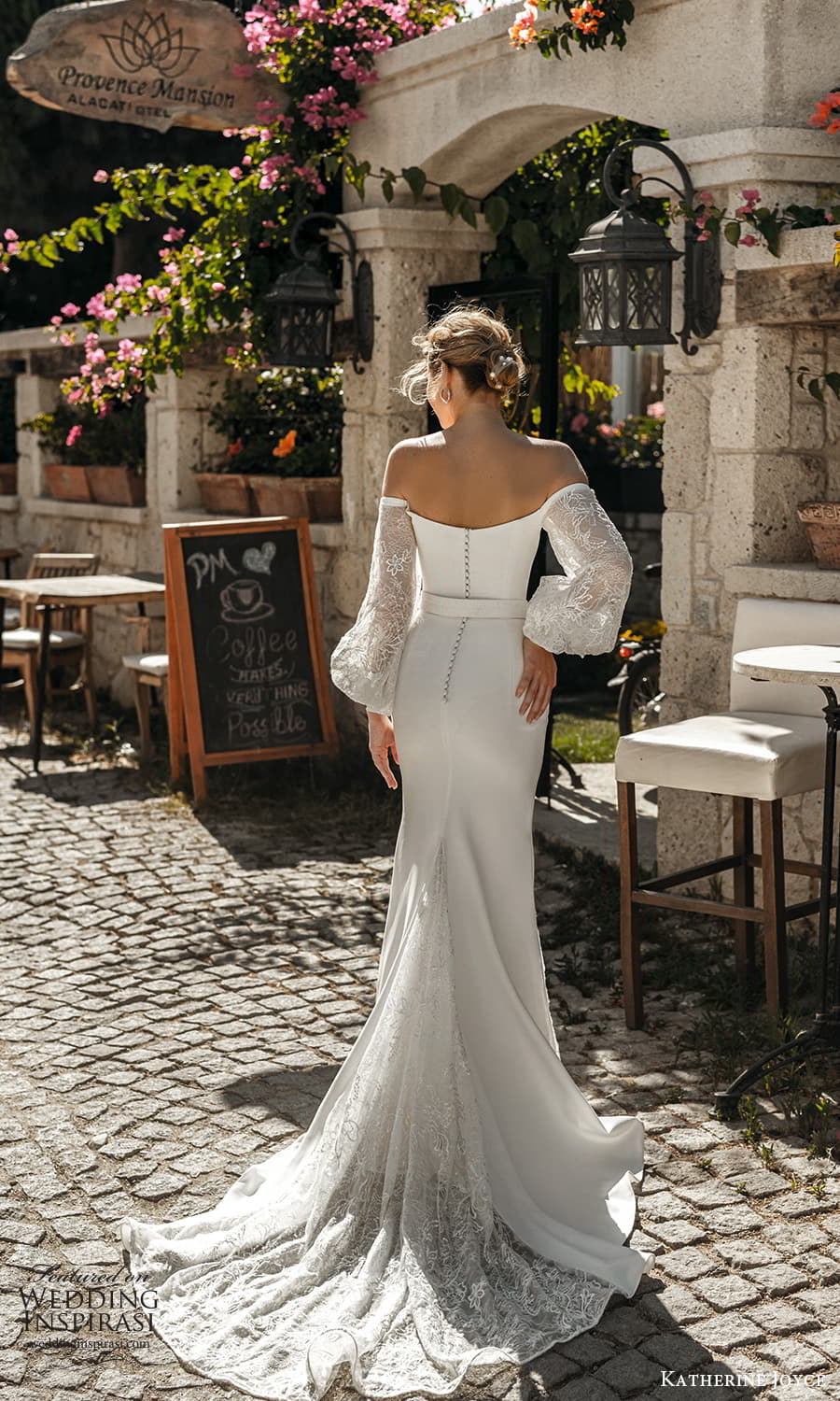 katherine joyce 2022 bridal lace bishop sleeve off shoulder straight across neckline clean minimalist sheath wedding dress chapel train (15) bv
