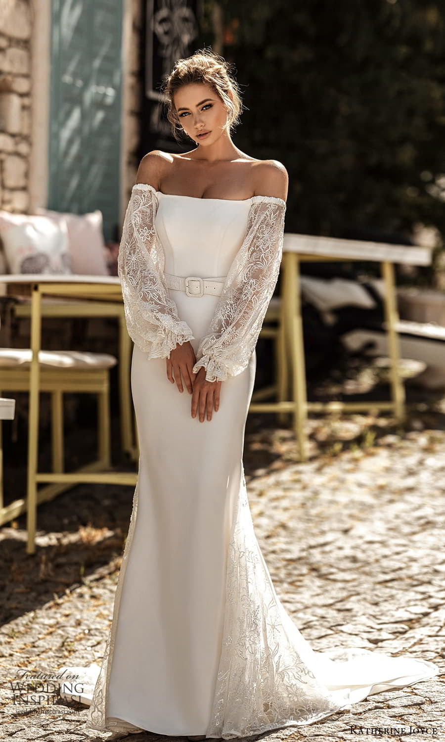 katherine joyce 2022 bridal lace bishop sleeve off shoulder straight across neckline clean minimalist sheath wedding dress chapel train (15) mv