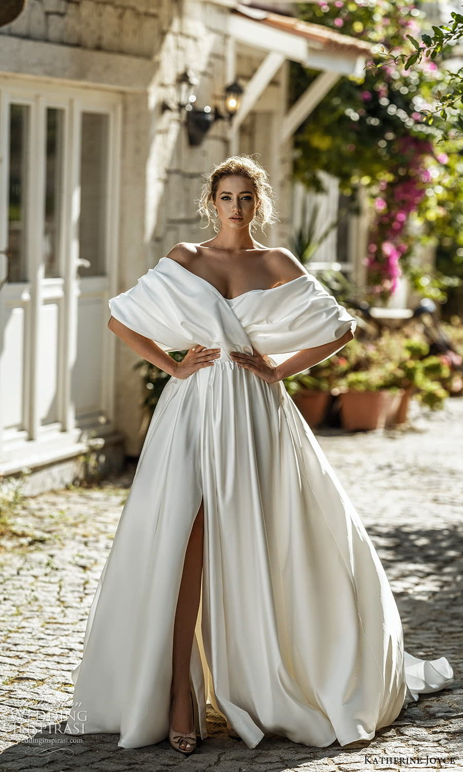 katherine joyce 2022 bridal off shoulder sleeves surplice neckline clean minimalist a line ball gown wedding dress chapelt train (4) mv