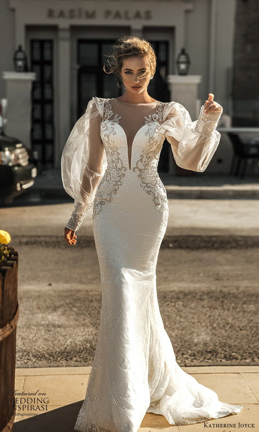 katherine joyce 2022 bridal sheer bishop balloon sleeve illusion bateau plunging sweetheart neckline embellished bodice fit flare mermaid wedding dress chapel train (16) mv