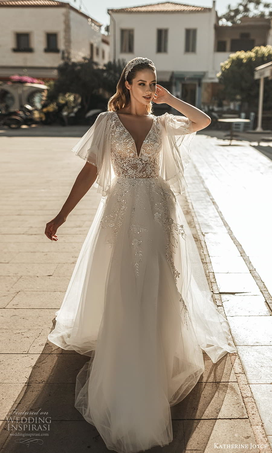 katherine joyce 2022 bridal sheer flutter sleeve v neckline embellished bodice a line wedding dress chapel train (3) mv