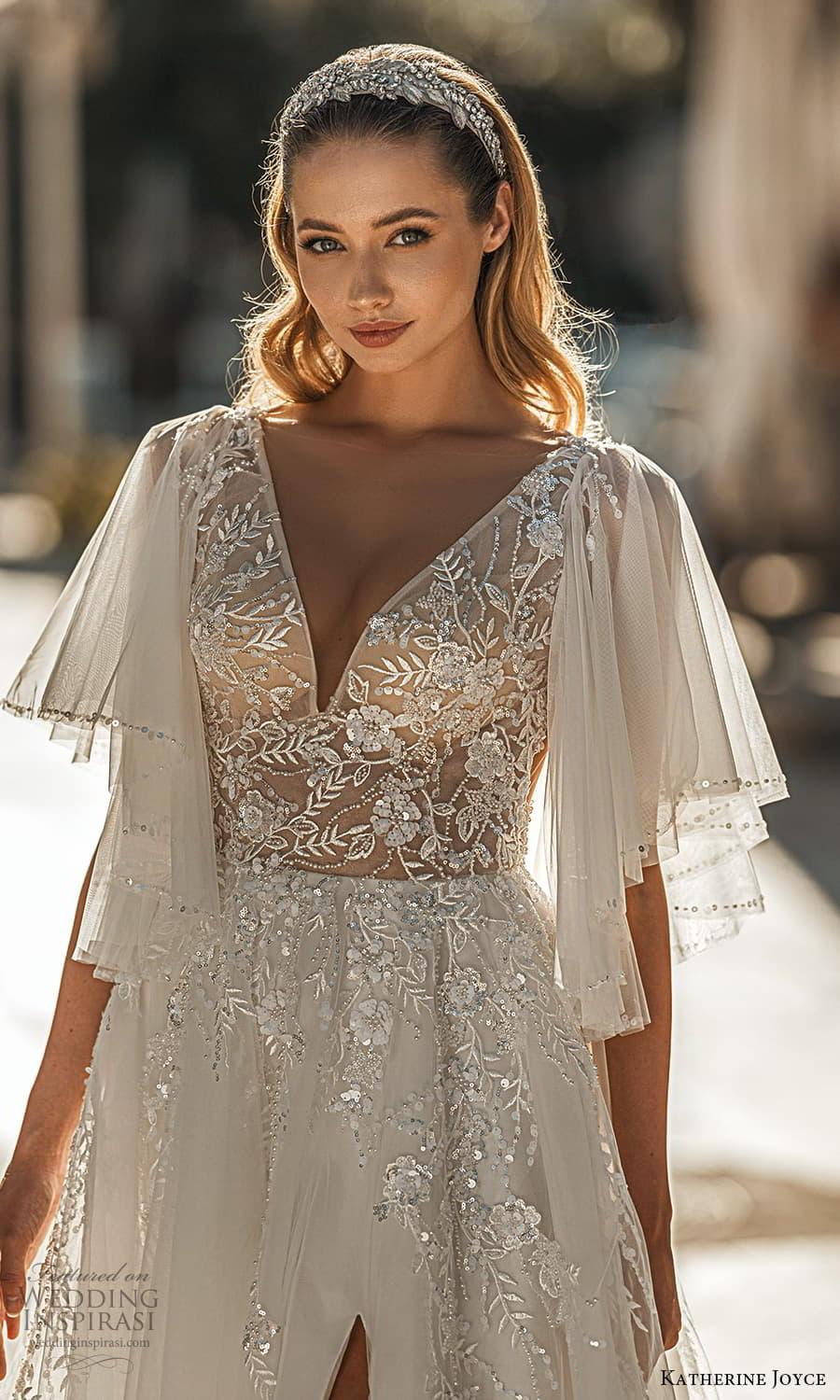 katherine joyce 2022 bridal sheer flutter sleeve v neckline embellished bodice a line wedding dress chapel train (3) zv