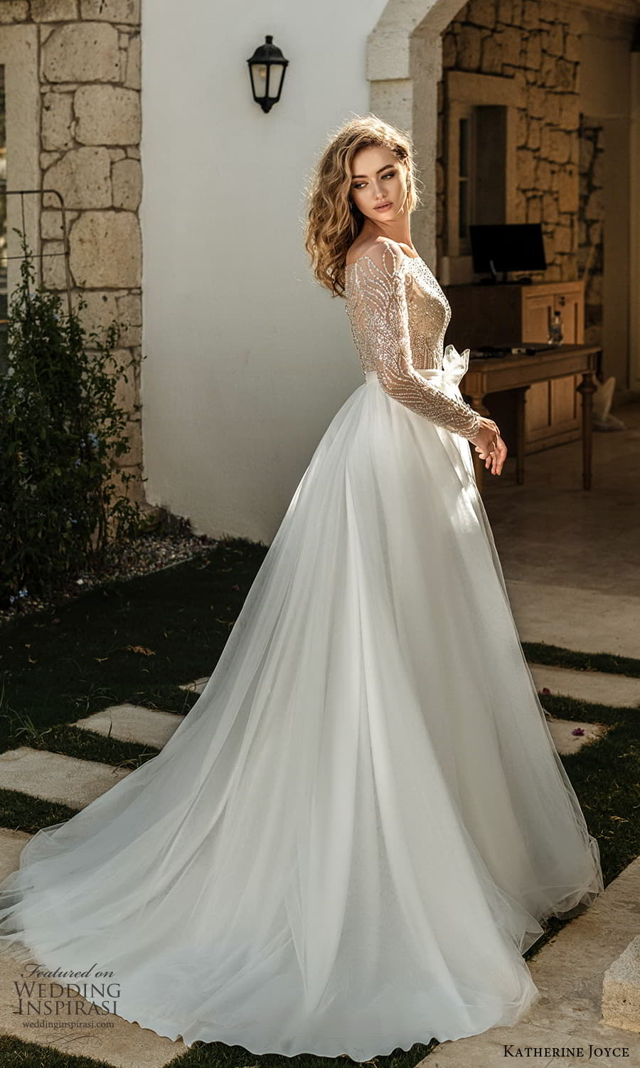 katherine joyce 2022 bridal sheer long sleeve off shoulder straight across neckline embellished bodice a line ball gown wedding dress chapel train (7) bv