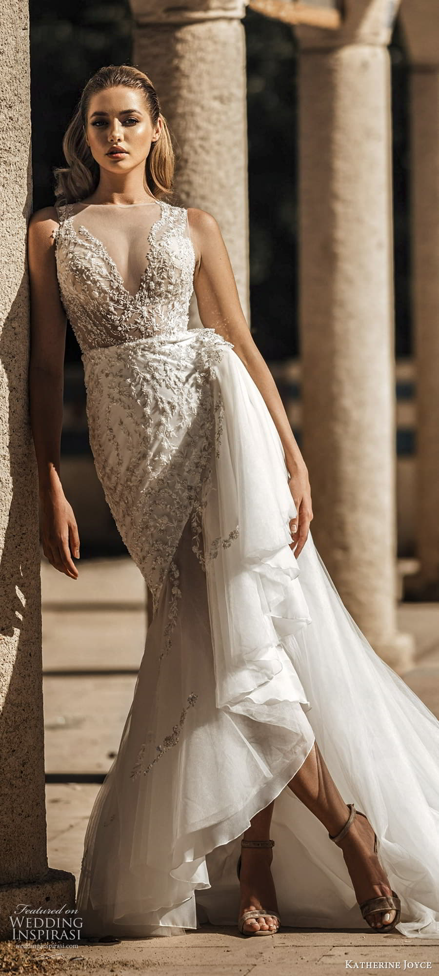 katherine joyce 2022 bridal sleeveless illusion jewel v neckline embellished fit flare mermaid trumpet wedding dress chapel train (17) mv