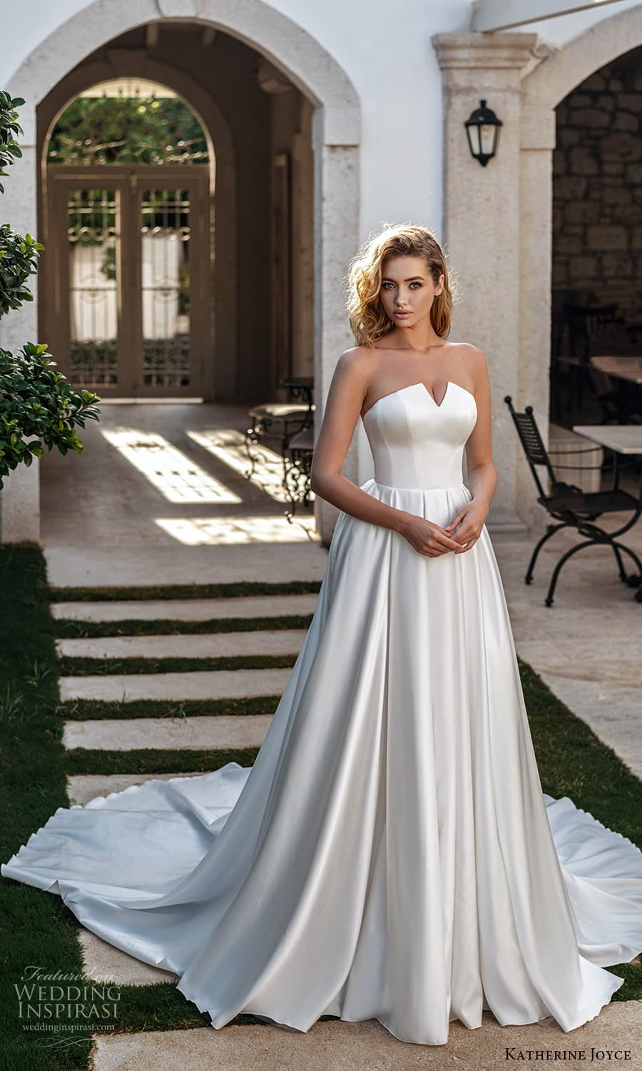 katherine joyce 2022 bridal strapless sweetheart split neckline clean minimalist a line ball gown wedding dress chapel train (8) mv