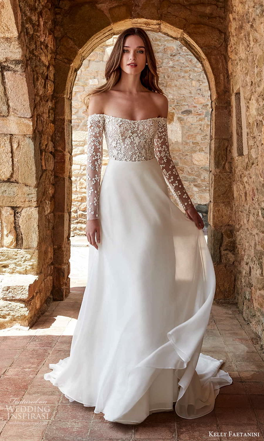 kelly faetanini spring 2022 campaign bridal off shoulder long sleeve straight across neckline embellished bodice clean skirt a line wedding dress chapel train (1) mv