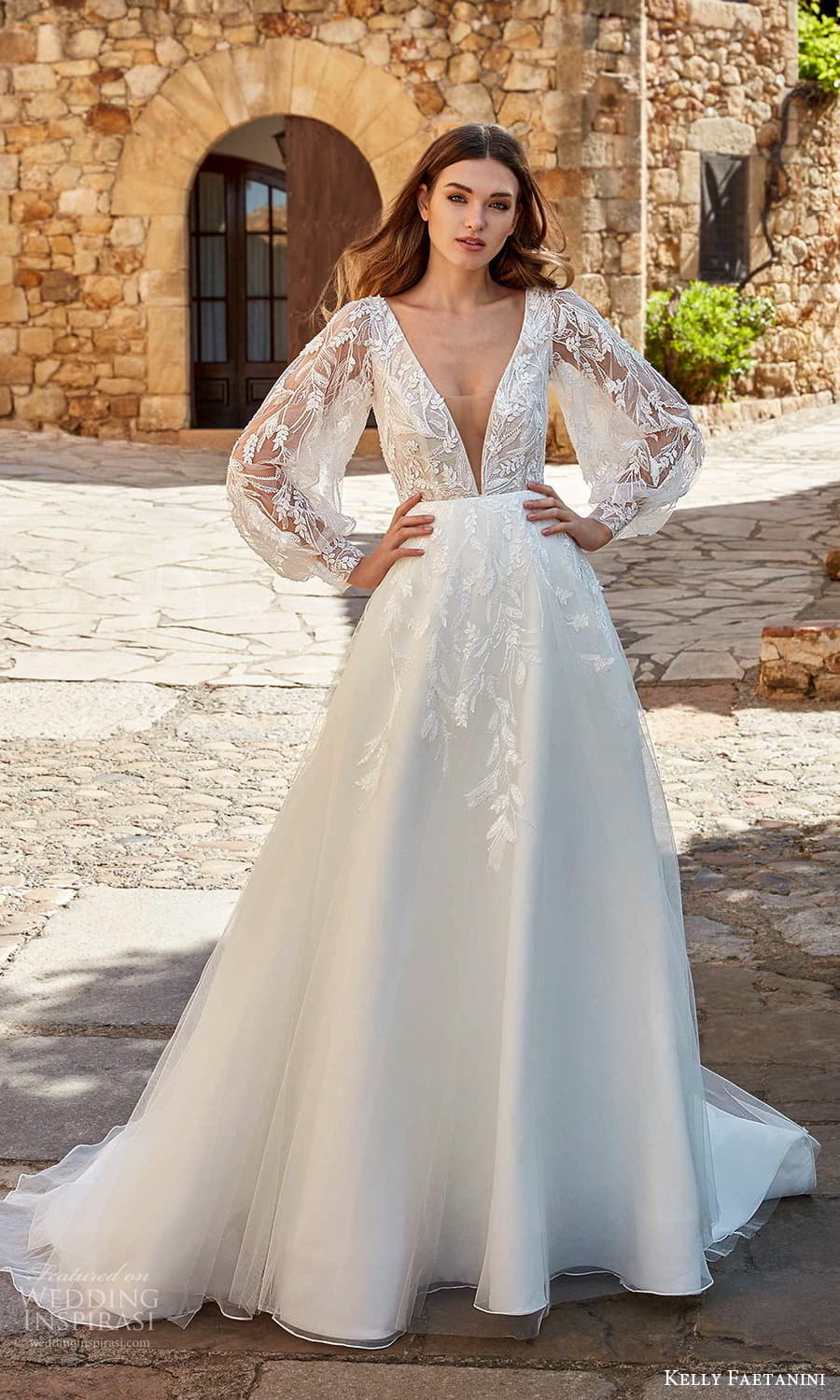 kelly faetanini spring 2022 campaign bridal sheer balloon bishop sleeve plunging v necklnie fully embellished lace a line ball gown wedding dress chapel train (11) mv