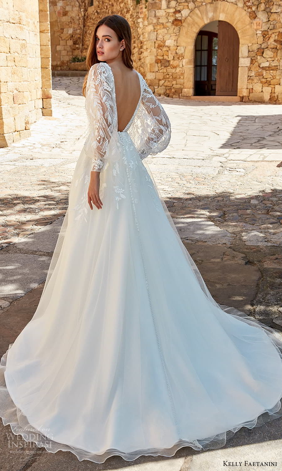 kelly faetanini spring 2022 campaign bridal sheer balloon bishop sleeve plunging v necklnie fully embellished lace a line ball gown wedding dress chapel train v back (11) bv